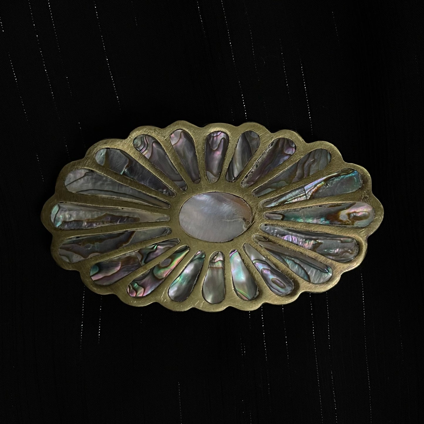 1970's Brass and Abalone Flower Shell Belt Buckle