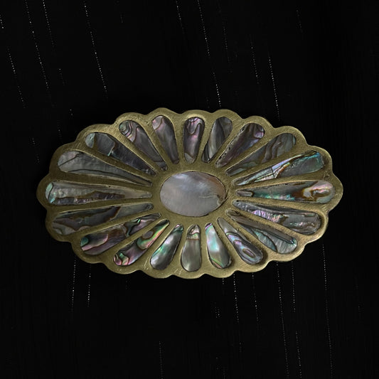1970's Brass and Abalone Flower Shell Belt Buckle