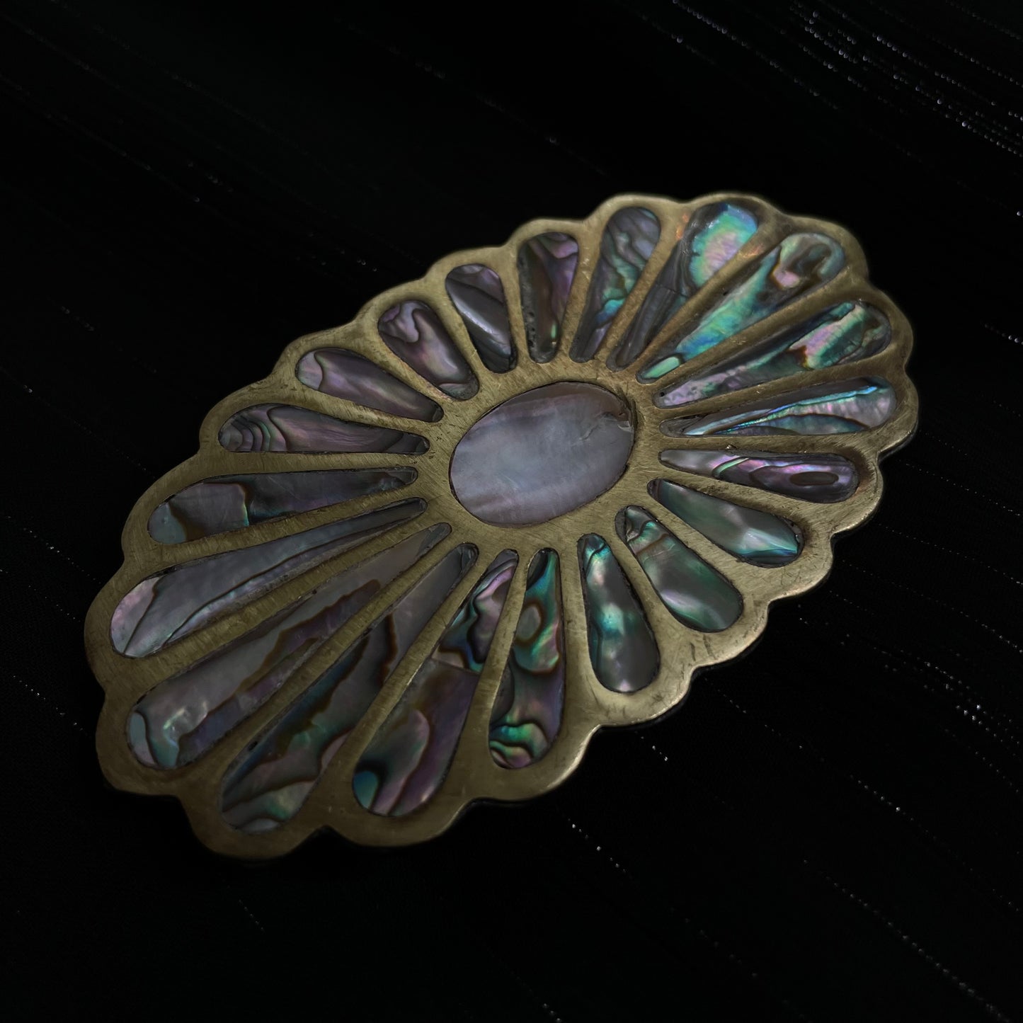 1970's Brass and Abalone Flower Shell Belt Buckle