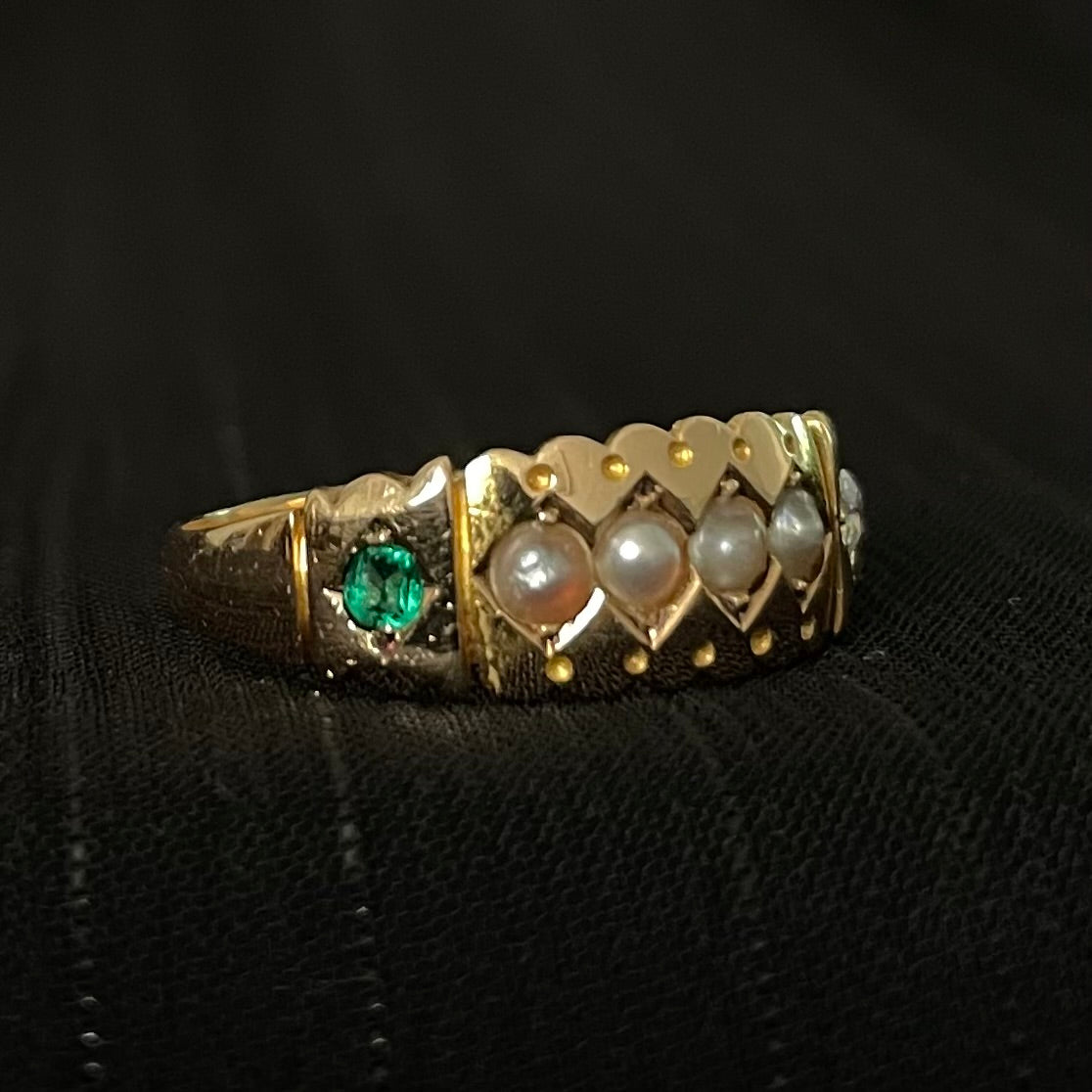 The Victorian Gold Seed Pearl, Diamond, and Emerald Ring