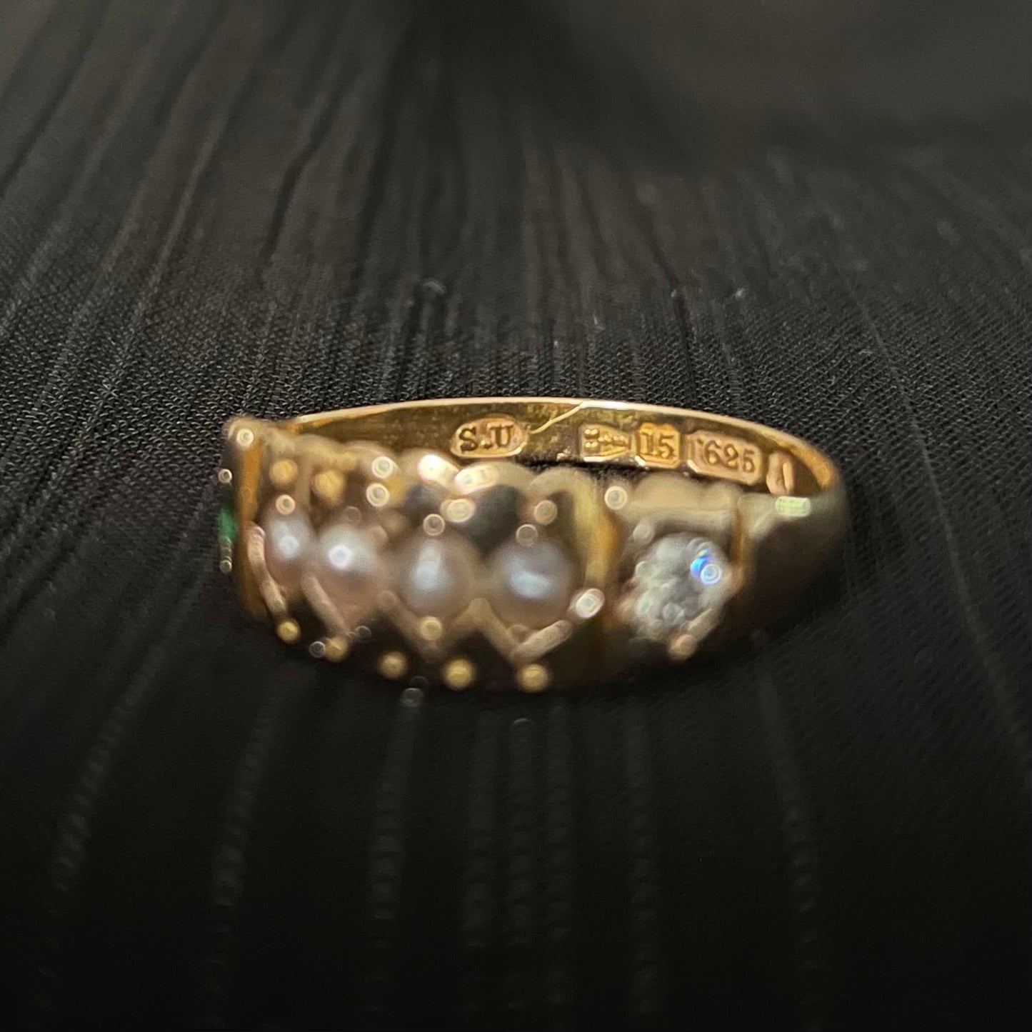 The Victorian Gold Seed Pearl, Diamond, and Emerald Ring