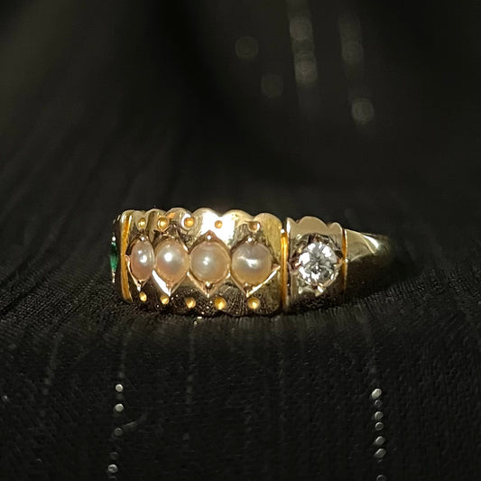 The Victorian Gold Seed Pearl, Diamond, and Emerald Ring