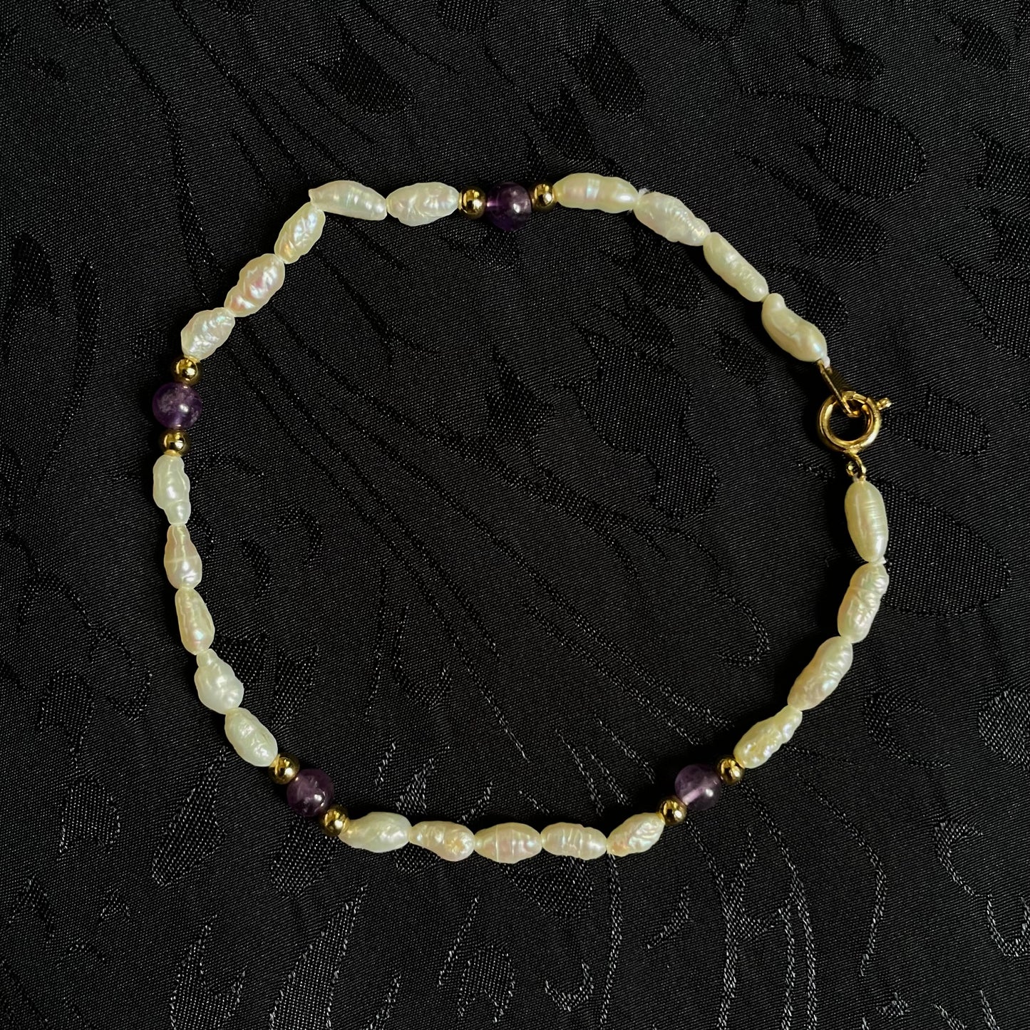 Vintage Rice Pearl, Amethyst, & Gold Beaded Bracelet