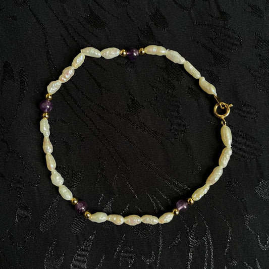 Vintage Rice Pearl, Amethyst, & Gold Beaded Bracelet